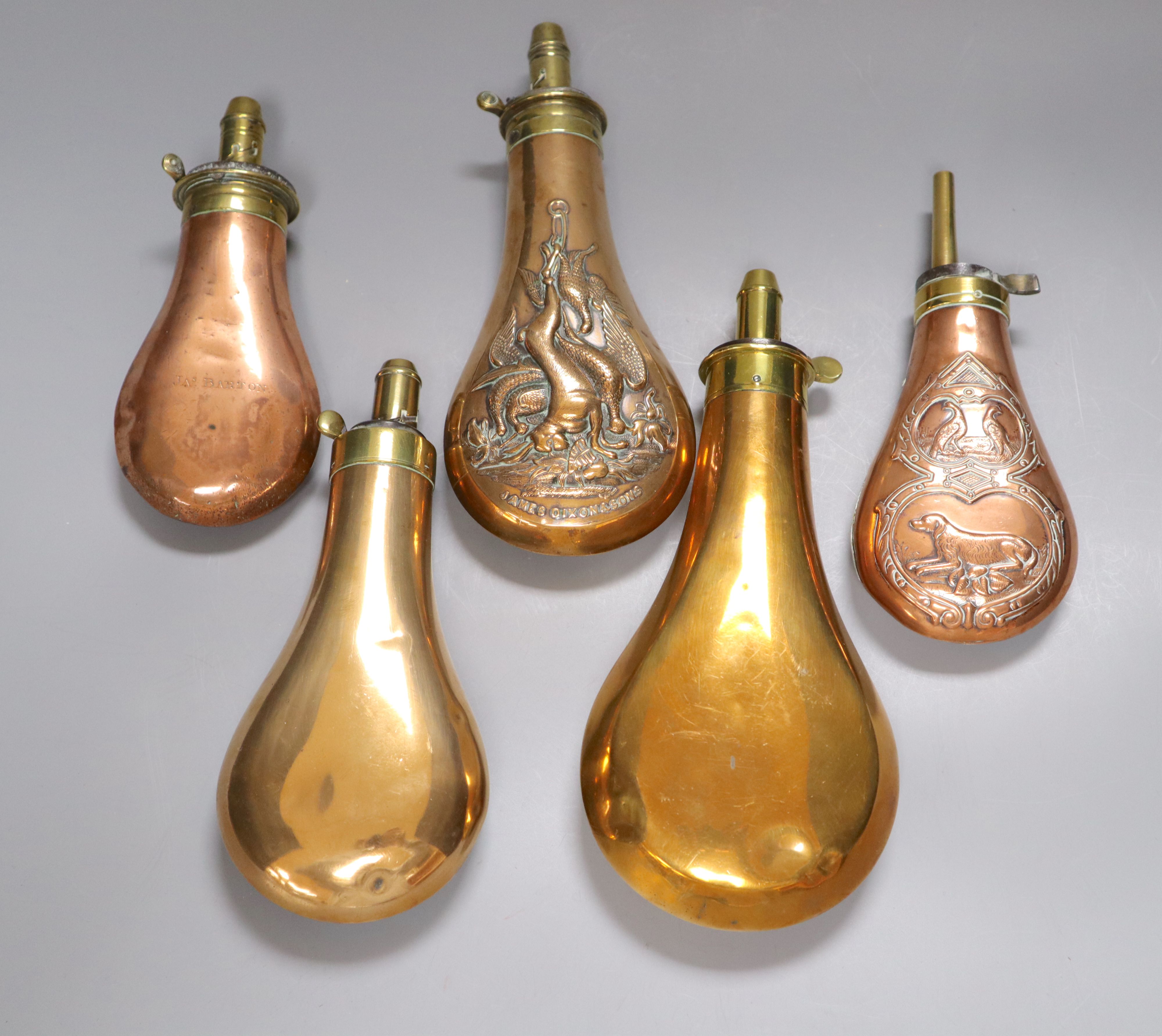 Five Victorian shooting related powder flasks and five others